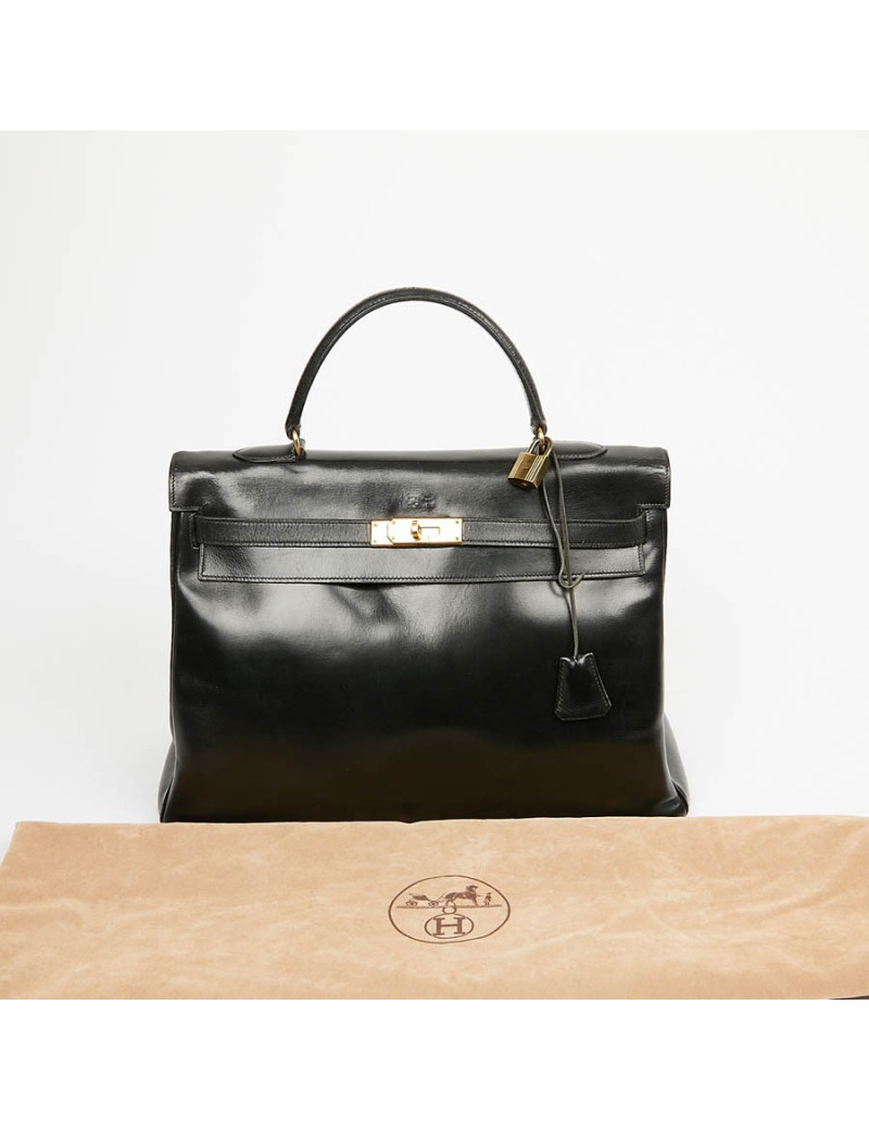 Sac à main Kelly 35 HERMES cuir box noir Vintage