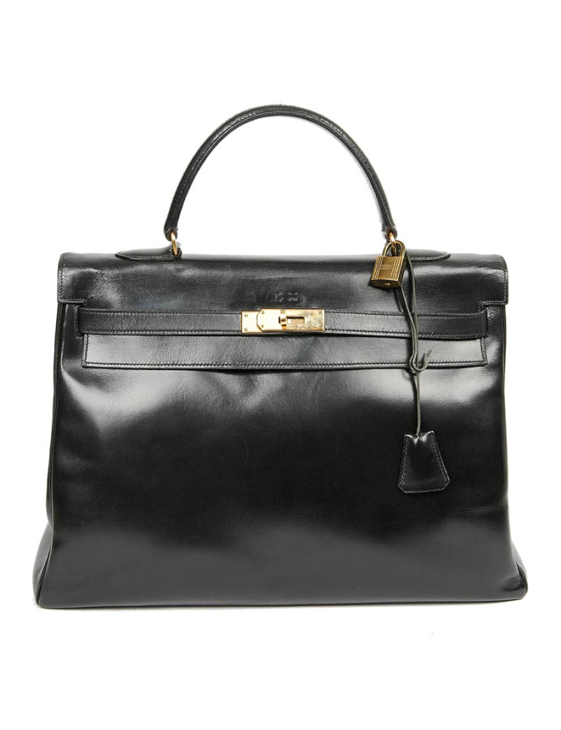 Sac à main Kelly 35 HERMES cuir box noir Vintage