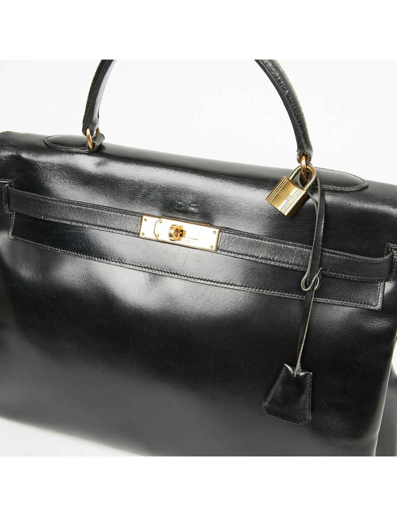Sac à main Kelly 35 HERMES cuir box noir Vintage