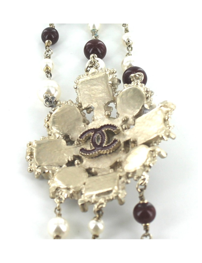 Sautoir CHANEL triple rangs en perles et pâtes de verre rouge