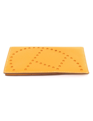 Portefeuille HERMES EVELYN en cuir jaune orangé
