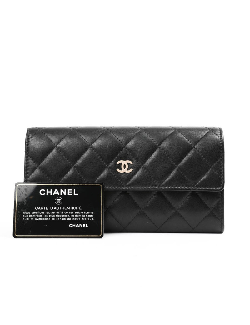 Portefeuille à rabat CHANEL cuir matelassé noir