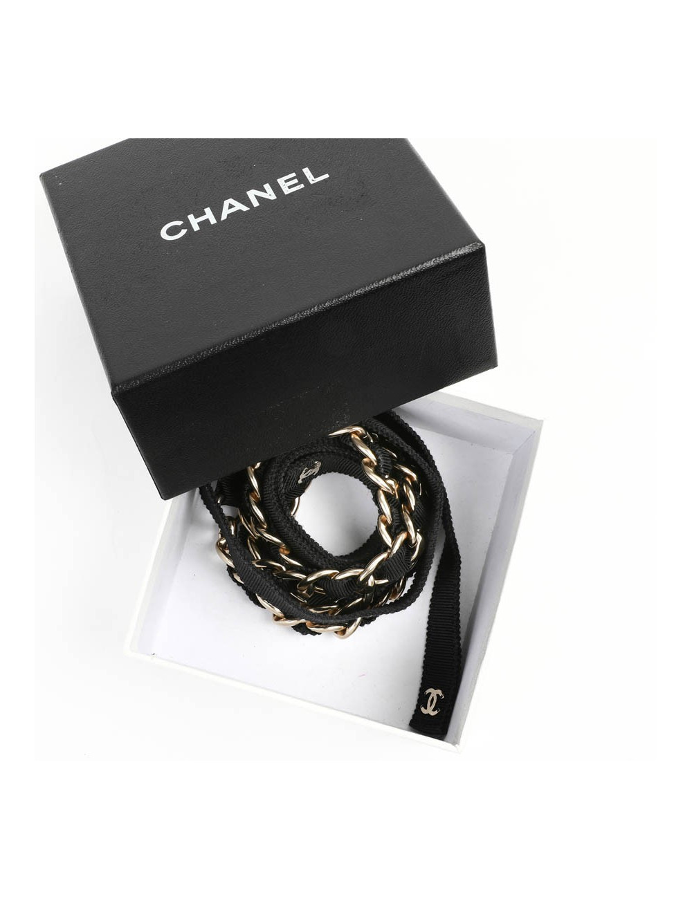 Ceinture CHANEL chaîne dorée entrelacée de cuir noir