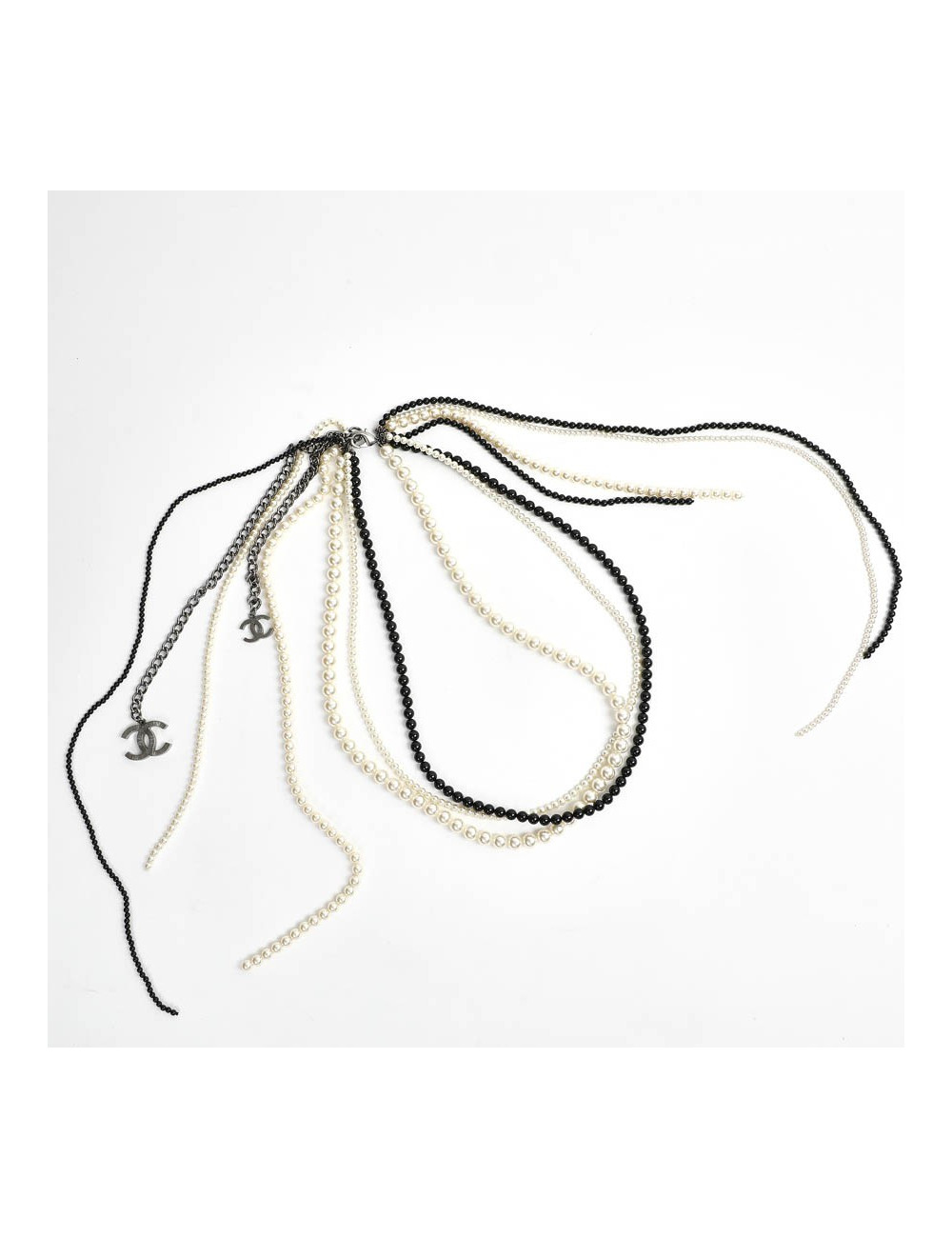 Chanel Long Multi Row Black and White Pearls Necklace 