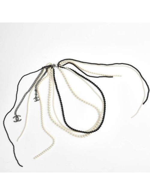Chanel Long Multi Row Black and White Pearls Necklace 