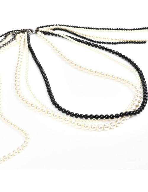 Chanel Long Multi Row Black and White Pearls Necklace 