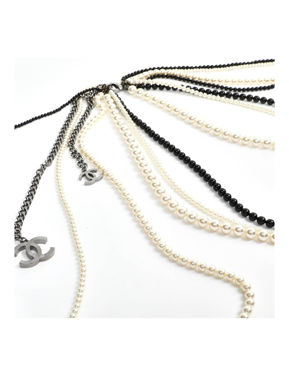 Chanel Long Multi Row Black and White Pearls Necklace 