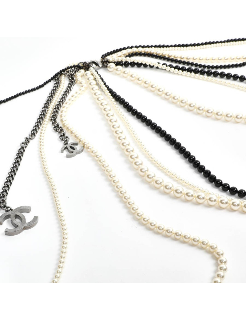 Chanel Long Multi Row Black and White Pearls Necklace 