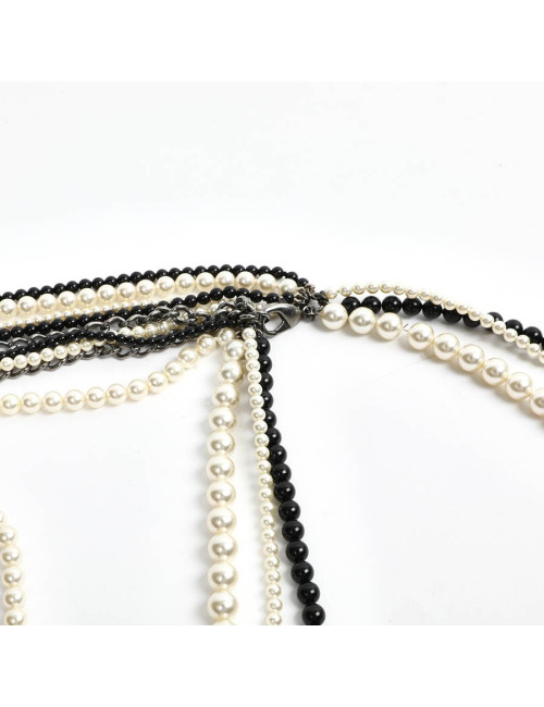 Chanel Long Multi Row Black and White Pearls Necklace 
