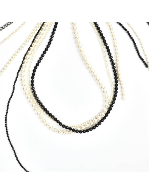 Chanel Long Multi Row Black and White Pearls Necklace 