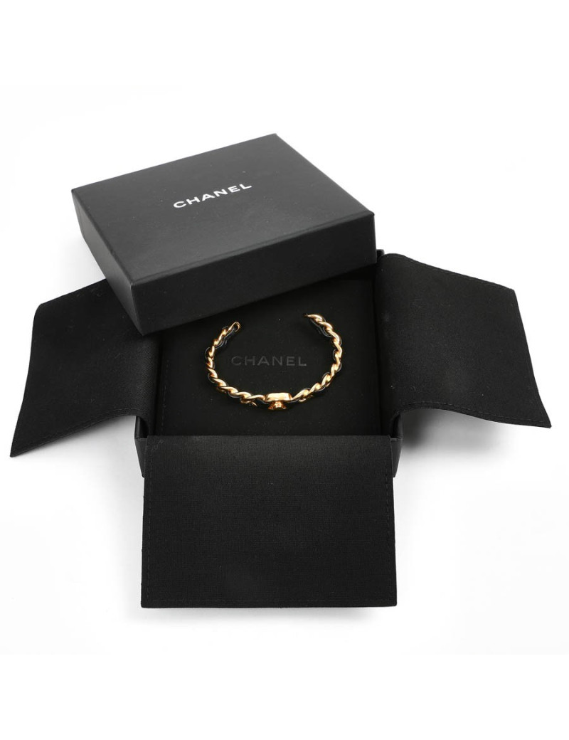 bracelet CHANEL métal doré entrelacé de cuir noir
