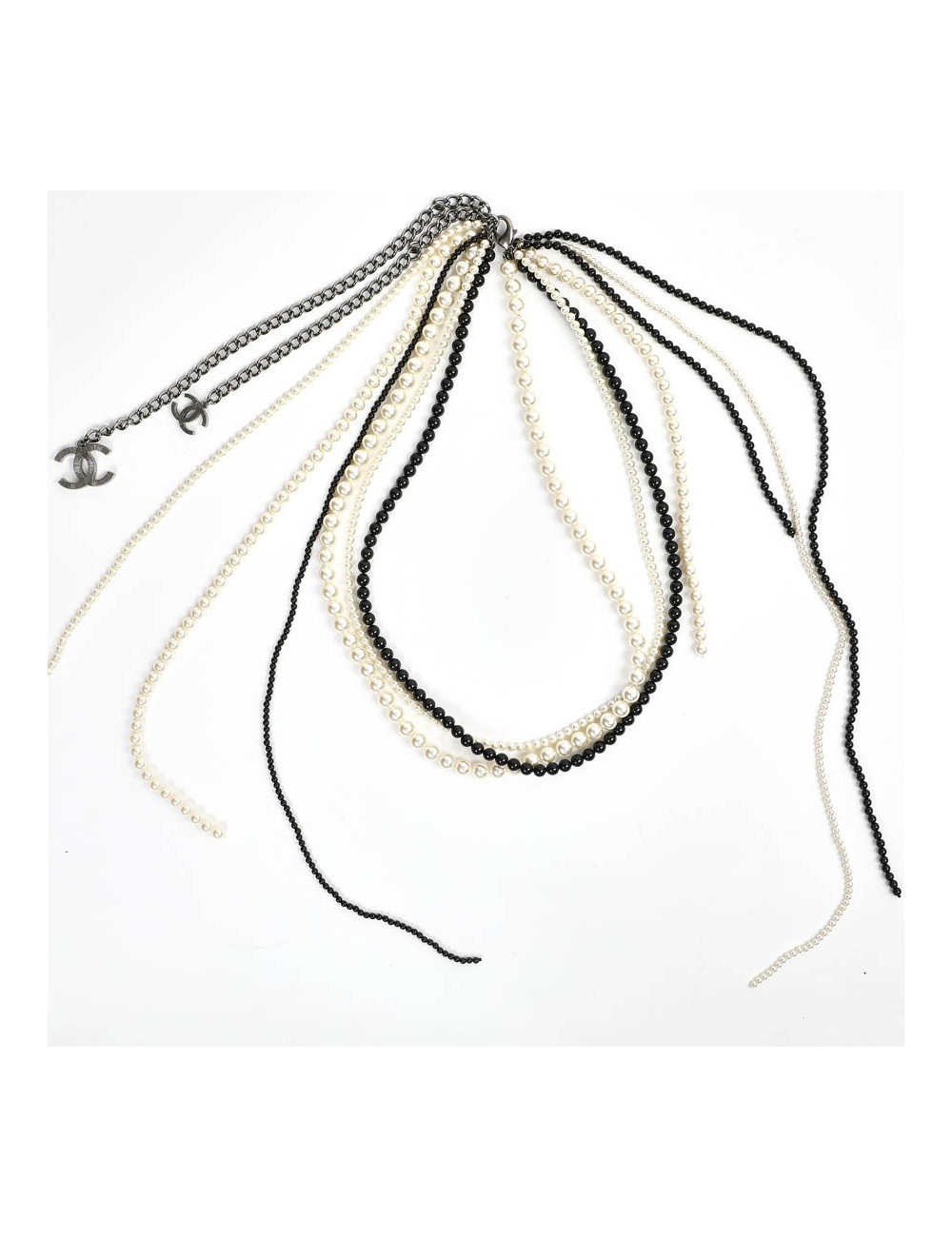 Chanel Long Multi Row Black and White Pearls Necklace 
