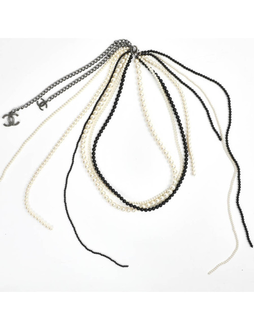 Chanel Long Multi Row Black and White Pearls Necklace 