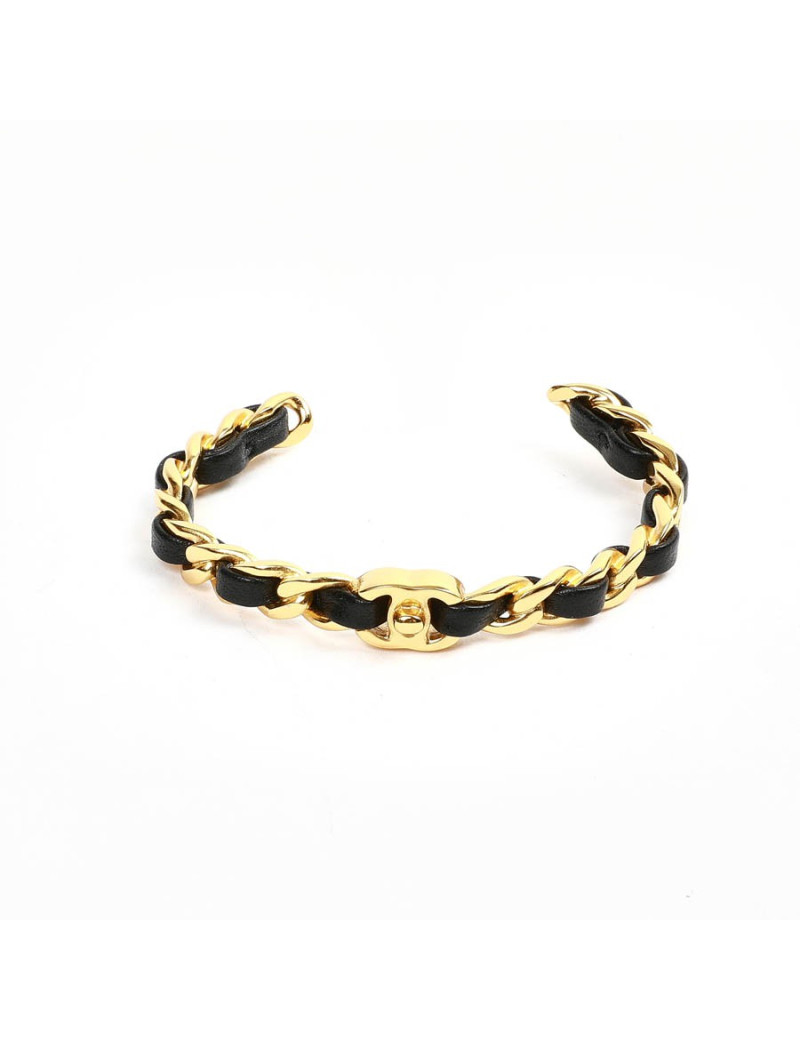 bracelet CHANEL métal doré entrelacé de cuir noir