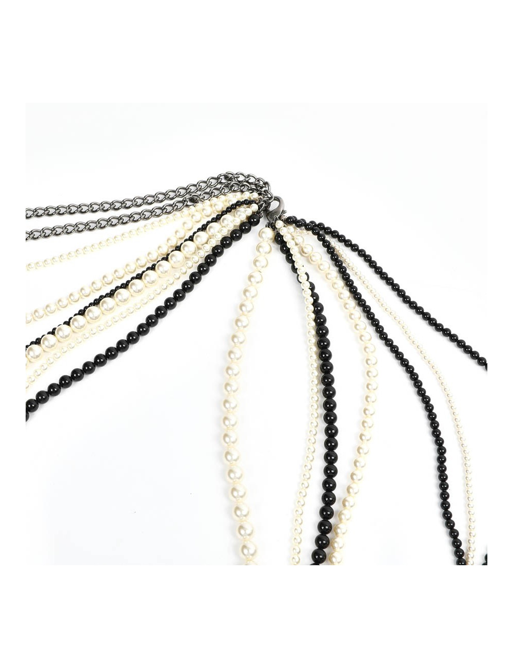 Chanel Long Multi Row Black and White Pearls Necklace 