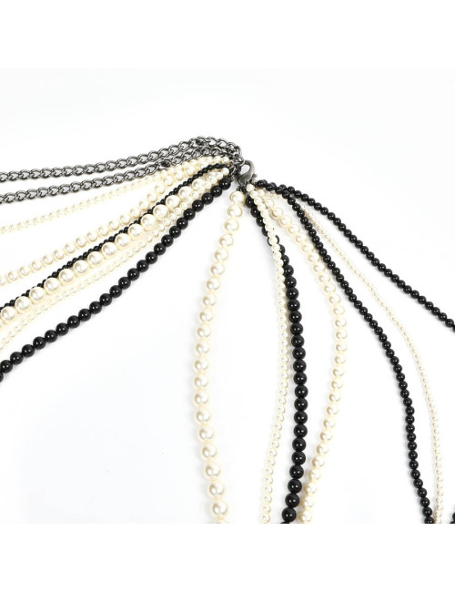Chanel Long Multi Row Black and White Pearls Necklace 