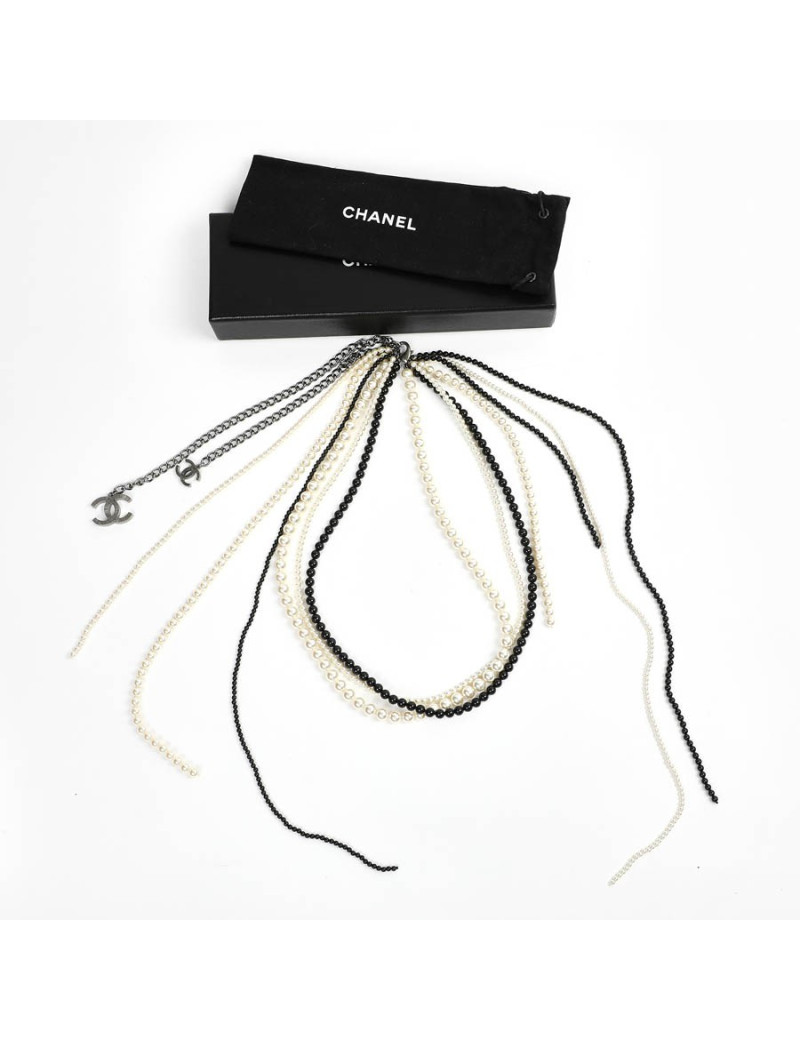 Chanel Long Multi Row Black and White Pearls Necklace 