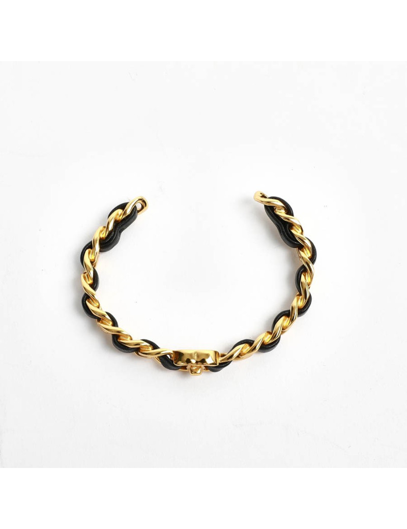 bracelet CHANEL métal doré entrelacé de cuir noir