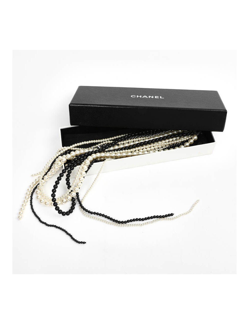 Chanel Long Multi Row Black and White Pearls Necklace 