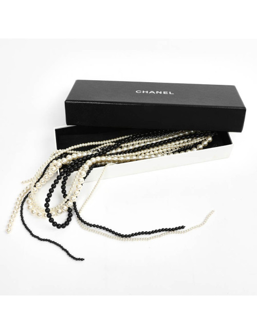 Chanel Long Multi Row Black and White Pearls Necklace 