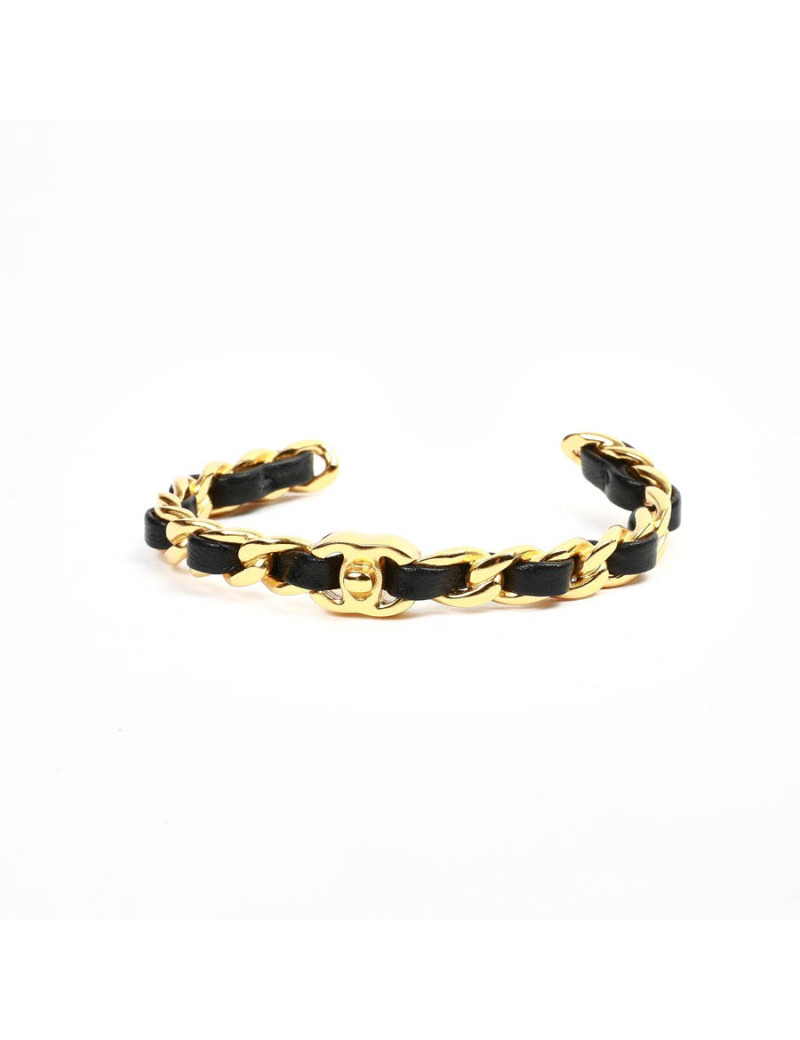 bracelet CHANEL métal doré entrelacé de cuir noir