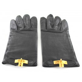 HERMES black leather gloves and loop Golden Kelly