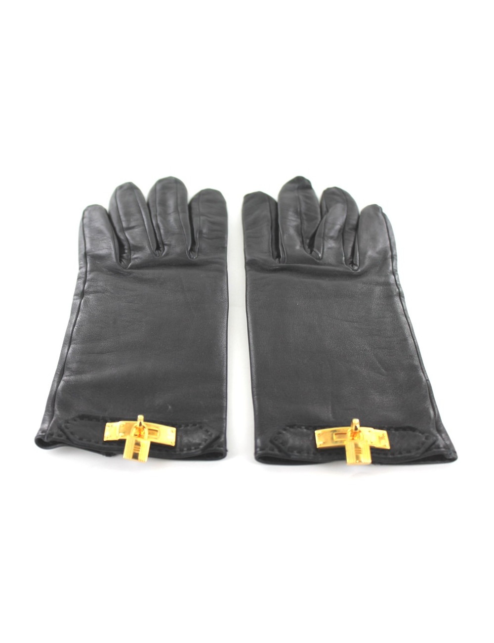 Gants HERMES en cuir noir et boucle Kelly dorée