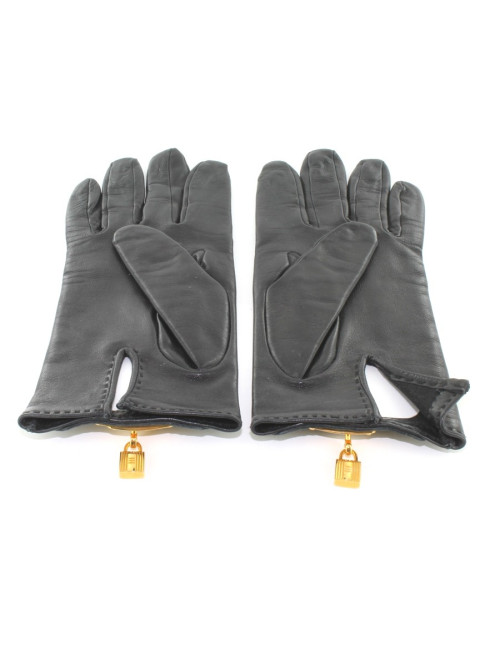 Gants HERMES en cuir noir et boucle Kelly dorée
