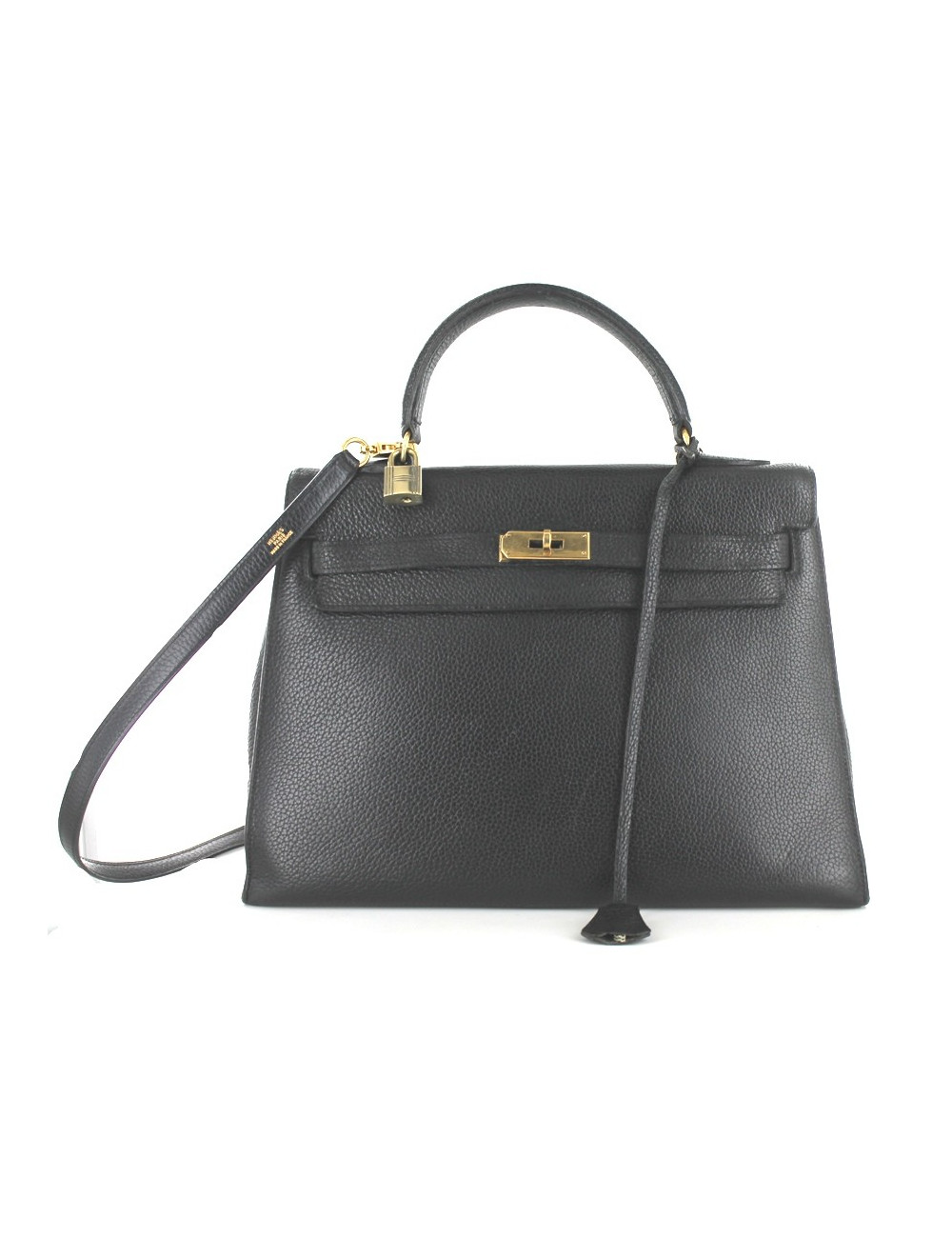 KELLY 32 HERMES vintage en cuir noir et bijouterie dorée