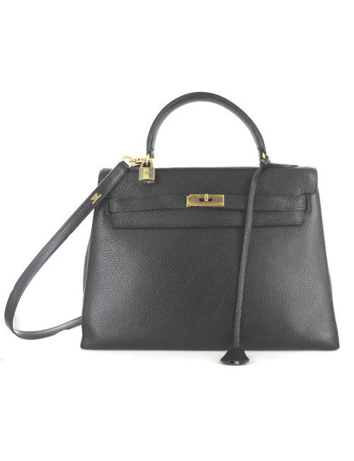 KELLY 32 HERMES vintage en cuir noir et bijouterie dorée