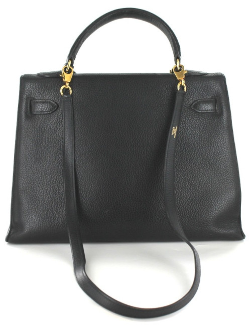 KELLY 32 HERMES vintage en cuir noir et bijouterie dorée