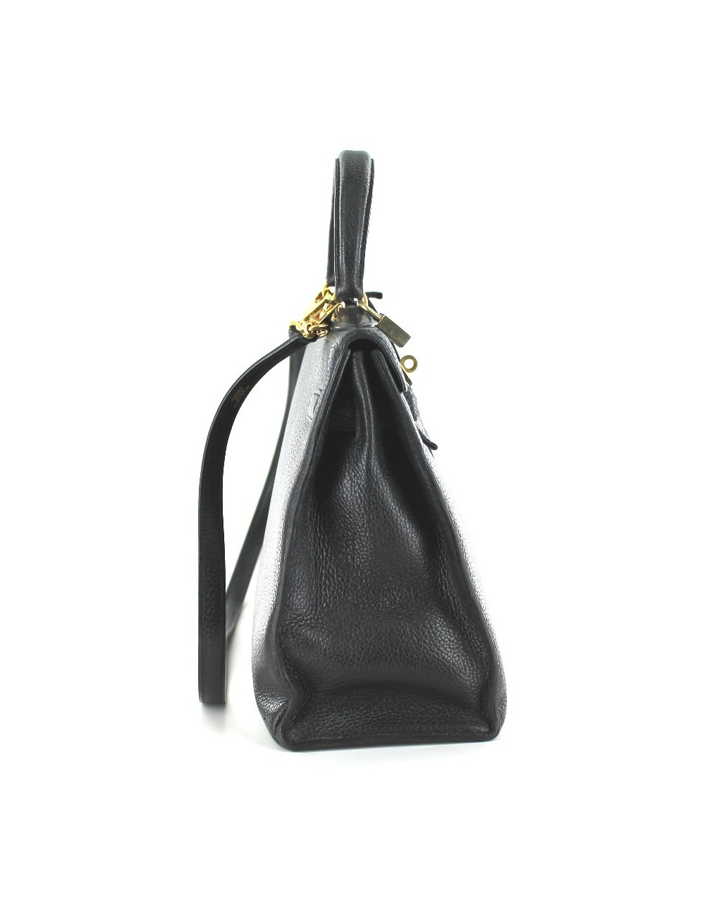 KELLY 32 HERMES vintage en cuir noir et bijouterie dorée