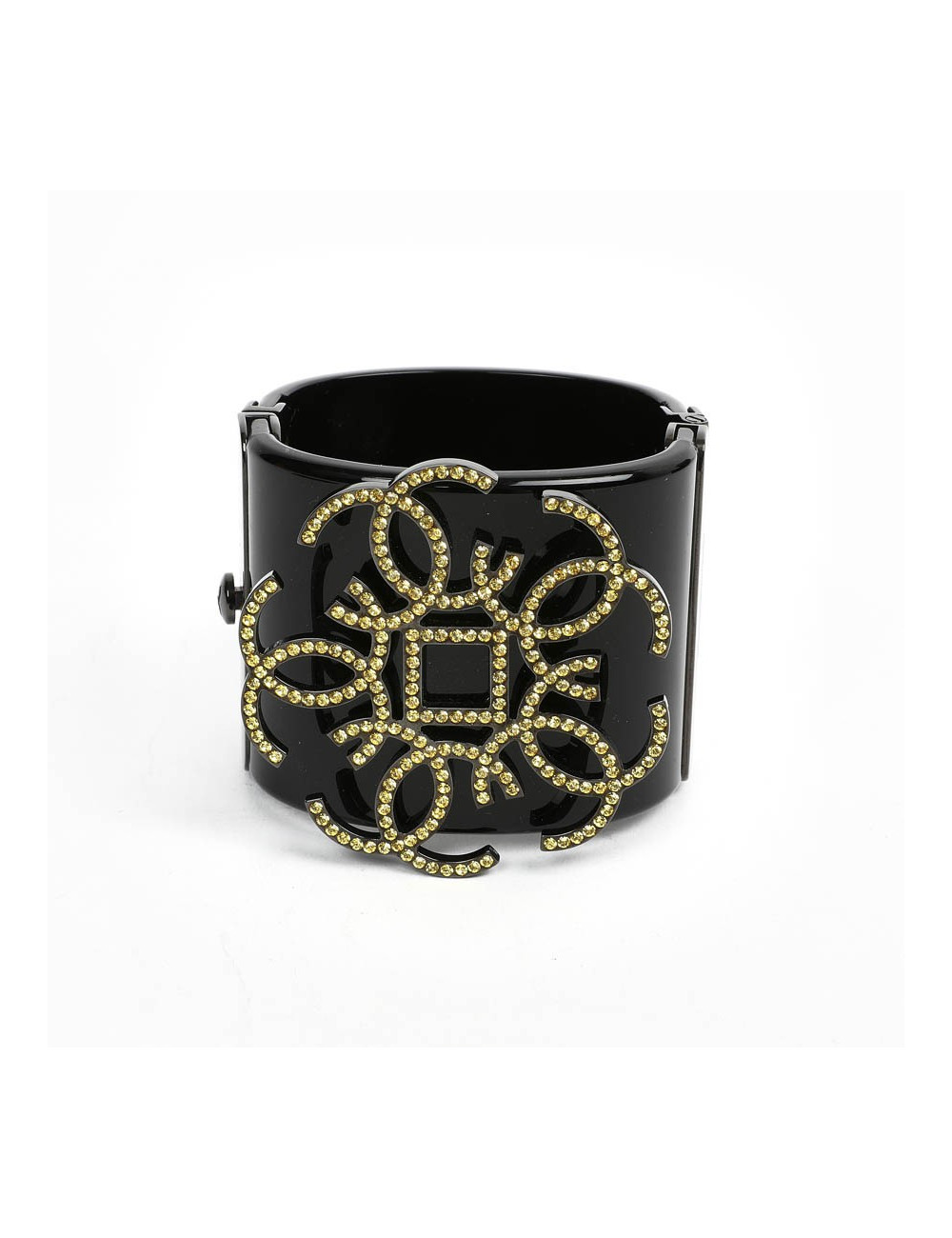 Manchette CHANEL resine noire CC strass jaunes