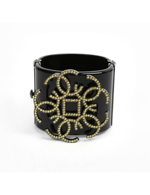 Manchette CHANEL resine noire CC strass jaunes