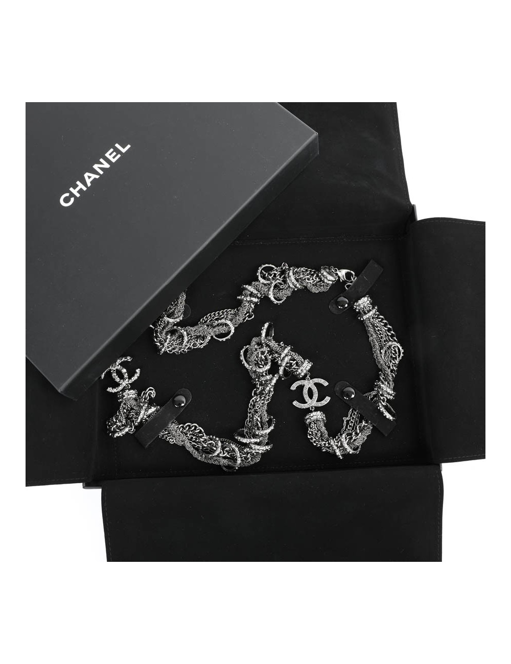 Sautoir CHANEL chaines entrelacées ruthénium strass