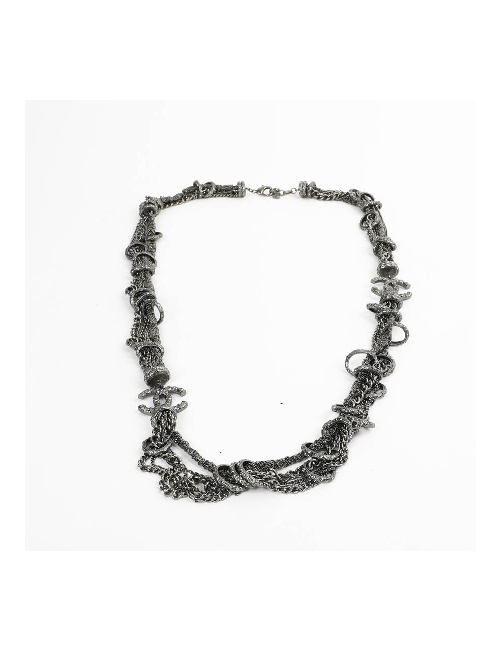 Sautoir CHANEL chaines entrelacées ruthénium strass