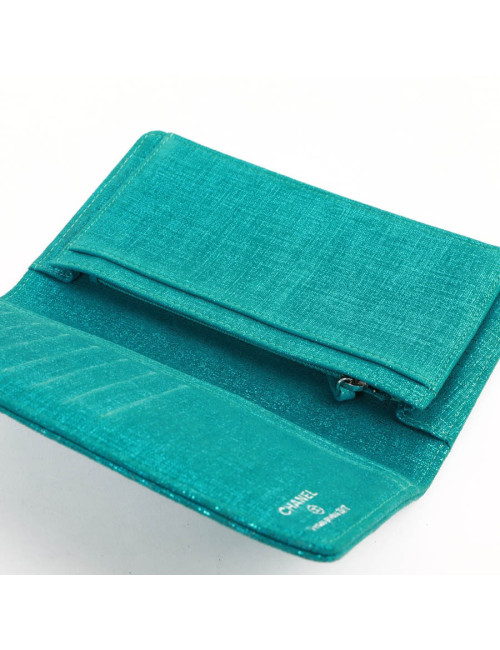 Portefeuille CHANEL en tissu turquoise irisé