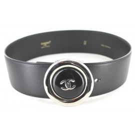CHANEL black leather and silver CC round buckle belt