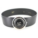 CHANEL black leather and silver CC round buckle belt