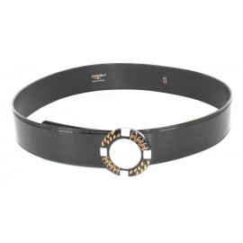 CHANEL Black patent leather belt and buckle jewelry mother of Pearl