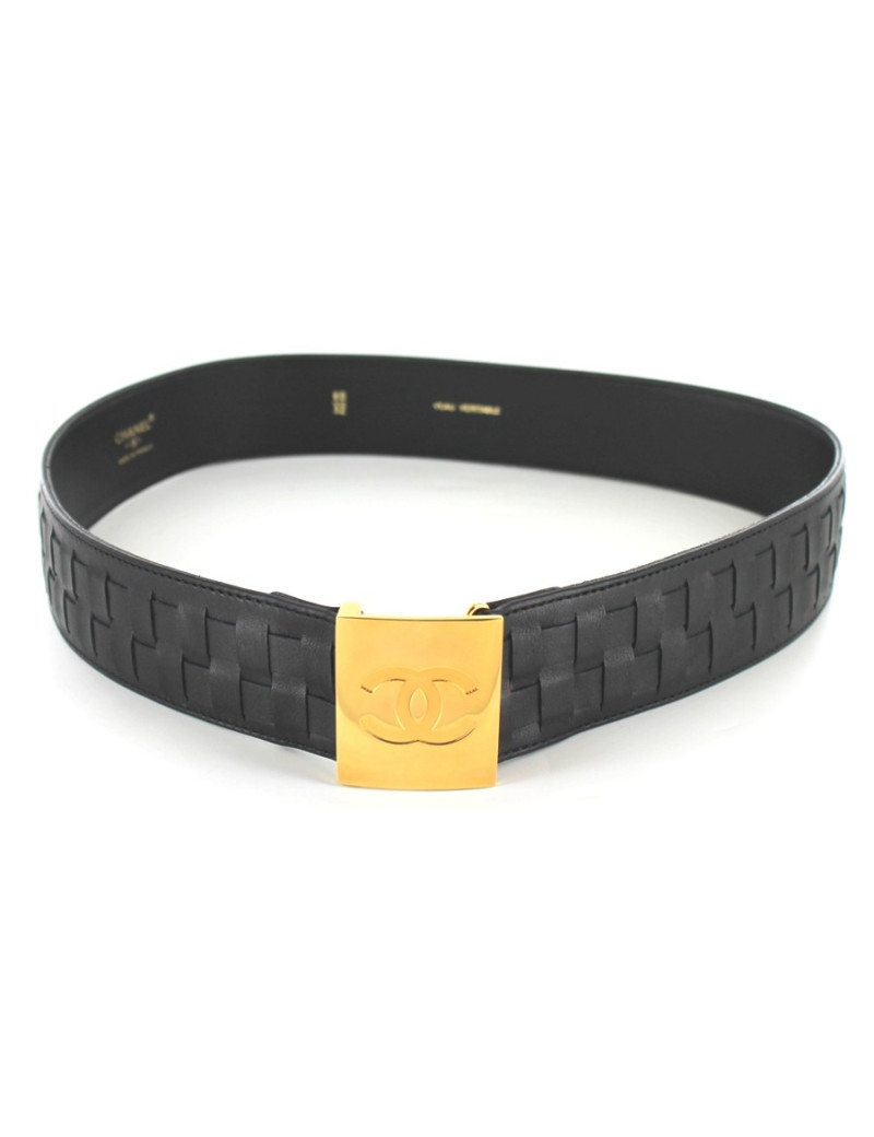 Ceinture CHANEL en cuir tressé noir boucle carrée CC