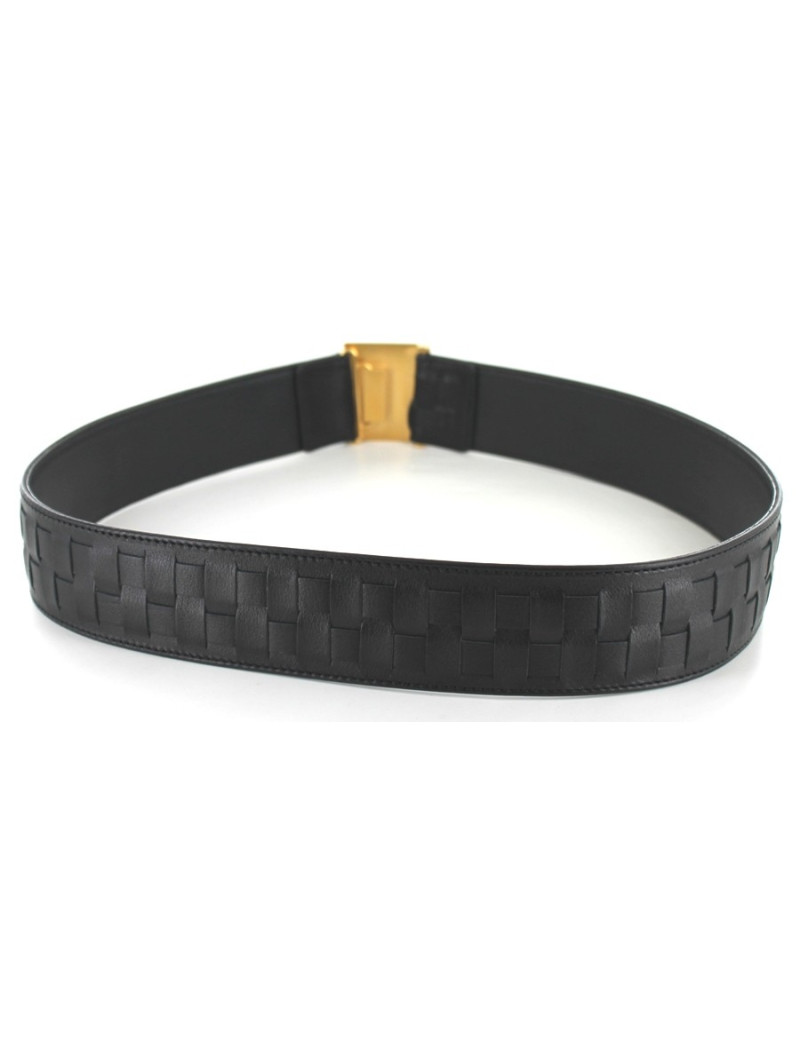 Ceinture CHANEL en cuir tressé noir boucle carrée CC
