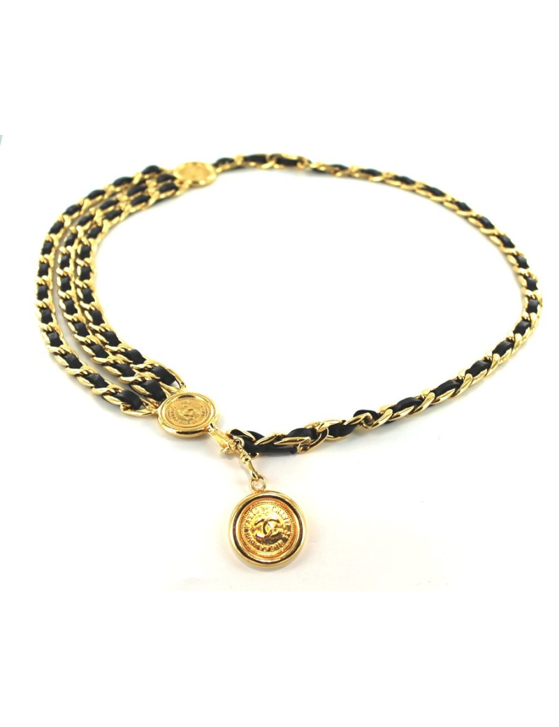 Ceinture CHANEL en chaîne cuir noir et or