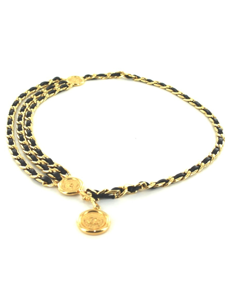 Ceinture CHANEL en chaîne cuir noir et or