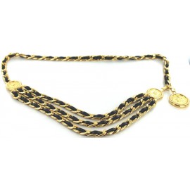CHANEL chain black and gold leather belt