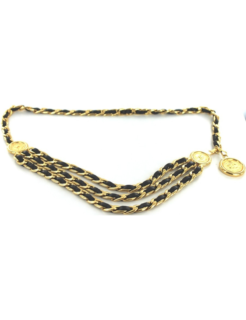 Ceinture CHANEL en chaîne cuir noir et or