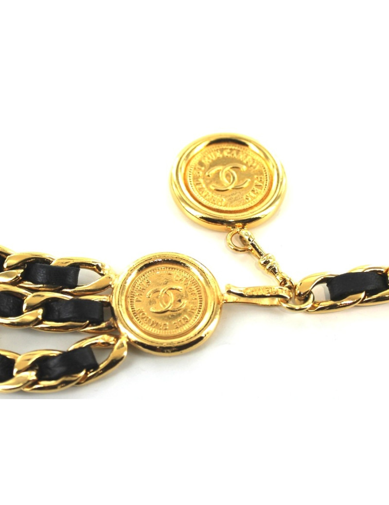 Ceinture CHANEL en chaîne cuir noir et or