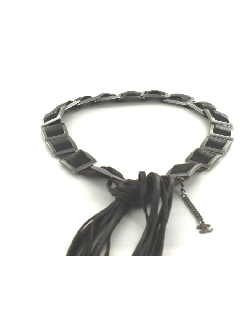Ceinture CHANEL marron en cuir et boucles carrées argent
