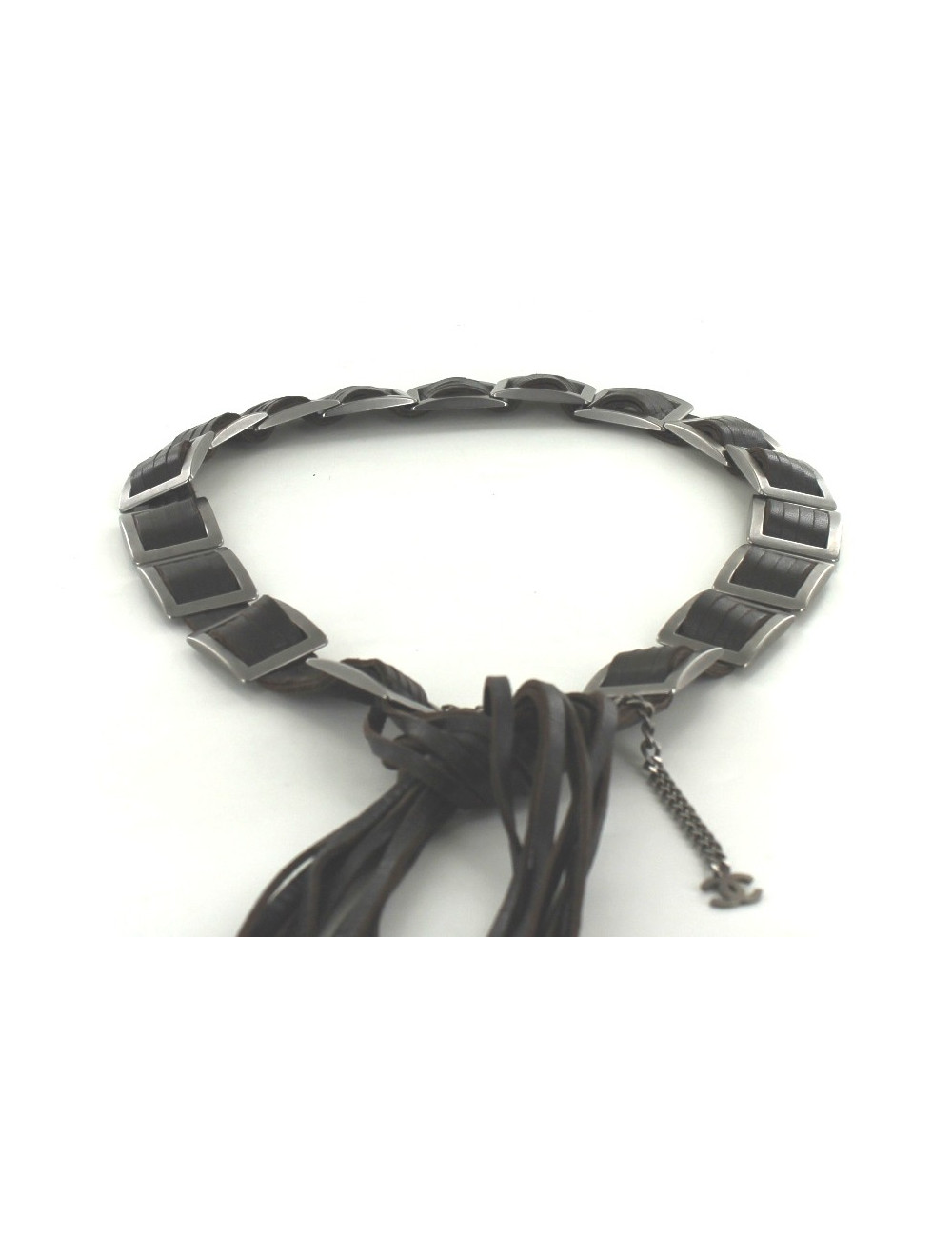 Ceinture CHANEL marron en cuir et boucles carrées argent