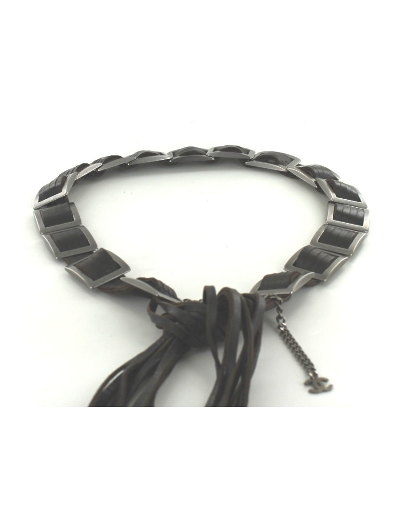 Ceinture CHANEL marron en cuir et boucles carrées argent